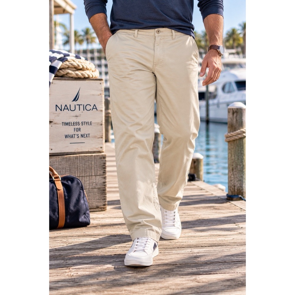Nautica A Bit Trimmer Mens 40x34 Khaki Chino Pants 100% Cotton Flat Front